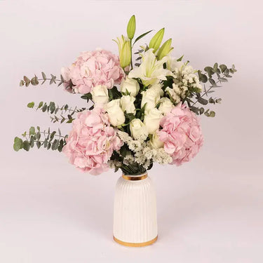 Blooms of Affection, Premium Ceramic Glass Vase, Pink Hydrangeas, White Roses, Oriental Lilies, Statice, Baby Blue Eucalyptus